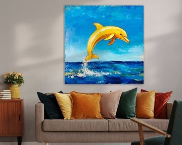 Springende gele dolfijn in zee van Poster Art Shop