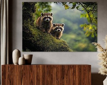 Adorable Baby Raccoons Sitting on Mossy Tree Branch