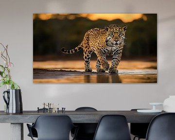 Powerful Jaguar Walking by Water at Sunset