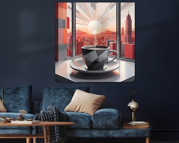 Zonovergoten skyline bij een warme kop koffie