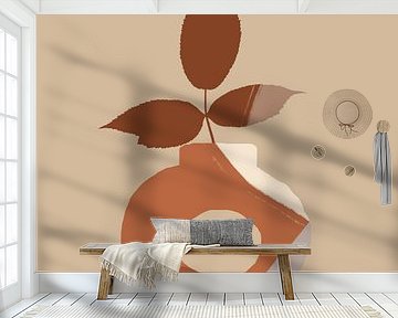 Terra Blatt in Vase. Boho Retro Abstraktes Stillleben.