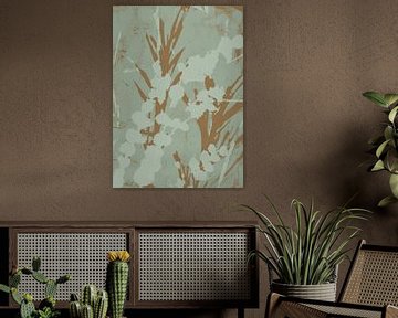 Abstract botanisch. Bloemen in donker oker en grijsgroen. van Dina Dankers