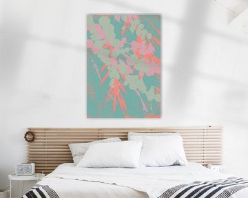 Abstract botanisch. Bloemen in mint, roze, koraal op lichtblauw van Dina Dankers