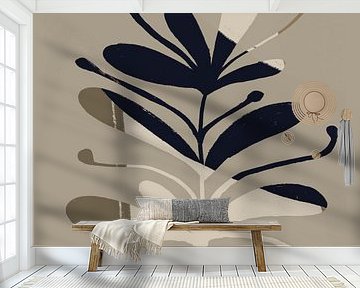 Abstraktes minimalistisches botanisches Bild. Blatt in schwarz, weiß, braun.