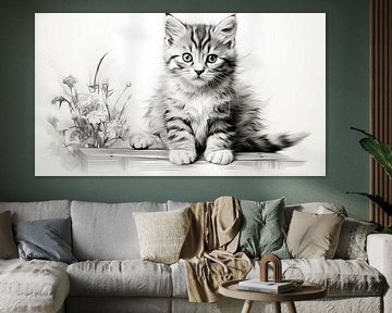 süße junge Katzenzeichnung, Katzen Bleistiftzeichnung im Vintage-Stil.