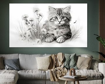 süße junge Katzenzeichnung, Katzen Bleistiftzeichnung im Vintage-Stil.
