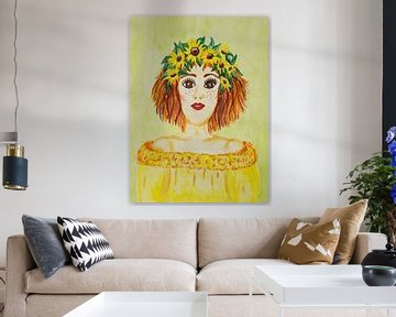 Sunflower girl (Zomerse aquarel van roodharige vrouw met zonnebloemen in het haar) van Birgitte Bergman