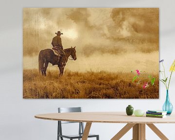 Cowboy op zijn paard in de prairie Amerika van Vlindertuin-Art
