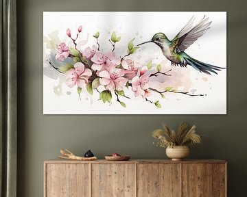 süße Kolibri-Zeichnung, Kolibri-Bleistiftzeichnung mit Blumen  im Vintage-Stil.