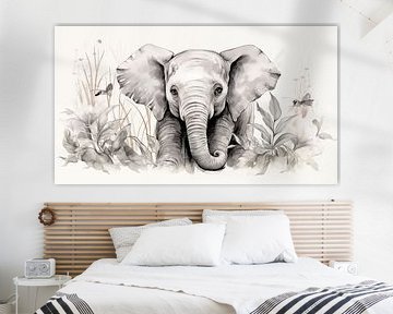 schattige jonge olifant tekening, olifant potlood tekening in vintage stijl van Animaflora PicsStock