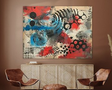 Abstract schilderij in rood, blauw, zwart en beige. van Joriali Abstract