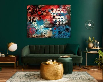 Abstract schilderij met een levendige mix van rood, blauw, zwart en wit. van Joriali Abstract