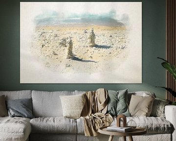 Stapel van witte stenen op het strand in waterverf van Youri Mahieu