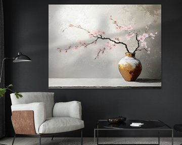 Sereen Stilleven in Japandi stijl. Vaas met kersenbloesem van Studio Pieternel