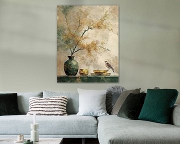 Vaas met vogeltje op gouden schaaltje: Serie Aquarel-Stilleven-4 van Studio Pieternel