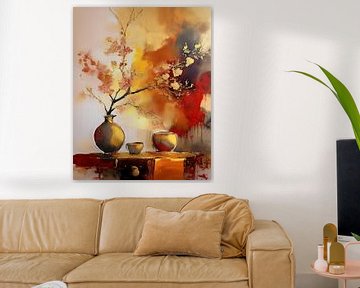 Japandi Stilleven schilderij. Bloesemtak op gouden vaas van Studio Pieternel