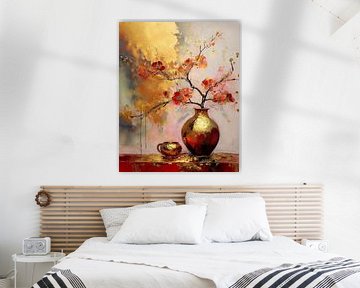 Japandi Stilleven schilderij. Zalmroze bloesemtak op gouden vaas van Studio Pieternel