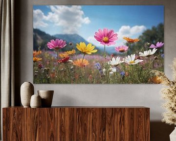 Ein Blumenfeld mit einem blauen Himmel im Hintergrund