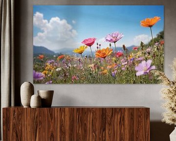 Een bloemenveld met een blauwe lucht op de achtergrond