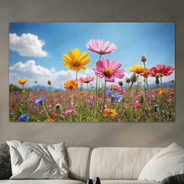 Un champ de fleurs avec un ciel bleu en arrière-plan sur 1xMerch