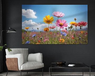 Een bloemenveld met een blauwe lucht op de achtergrond