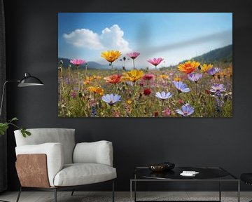 Een bloemenveld met een blauwe lucht op de achtergrond