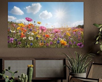 Ein Blumenfeld mit einem blauen Himmel im Hintergrund