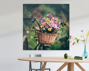 Bloemen versierd in een fietsmand van Poster Art Shop