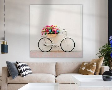 Flowers bicycle in front of a white wall by Poster Art Shop