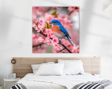 Blue bird next to cherry blossoms by Poster Art Shop