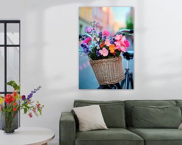 Flowers in a bicycle basket in sunlight by Poster Art Shop