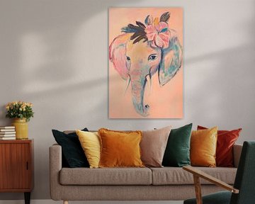 Kleurrijke olifant met bloemenkrans van Poster Art Shop