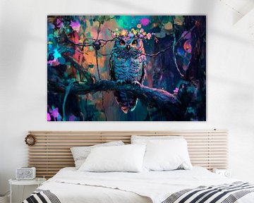 Kleurrijke uil in het betoverde bos van Poster Art Shop