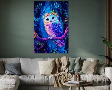 Colourful owl in the forest with wreath of flowers by Poster Art Shop
