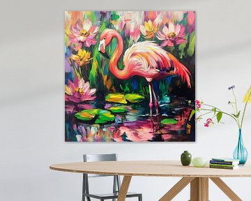 Kleurrijke flamingo bloeiend in het water van Poster Art Shop