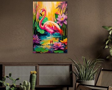 Colourful flamingo in a pond with lilies by Poster Art Shop