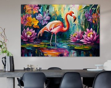 Kleurrijke flamingo in een zee van bloemen van Poster Art Shop