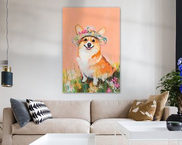 Corgi met bloemenhoed in de wei van Poster Art Shop