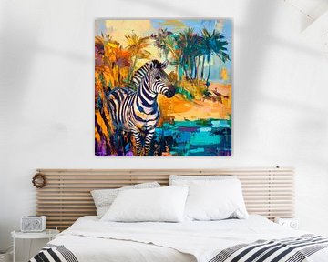 Kleurrijke zebra in een tropisch landschap van Poster Art Shop