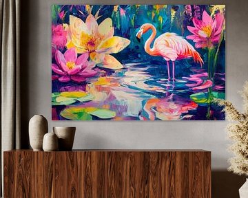 Buntes Flamingo im Blumenteich von Poster Art Shop