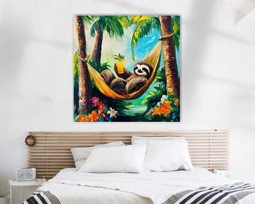 Luierende luiaard met cocktail van Poster Art Shop