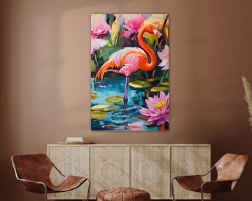 Flamingo in the flower pond by Poster Art Shop