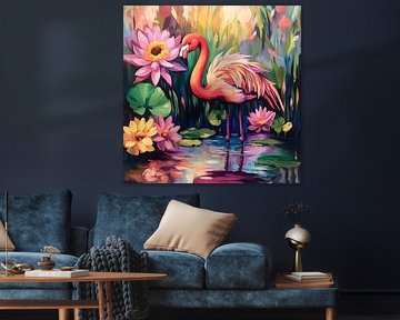 Flamingo in the colourful water garden by Poster Art Shop
