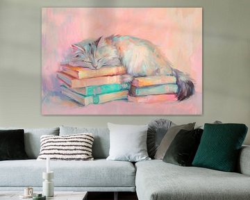 Kat slaapt op boeken van Poster Art Shop