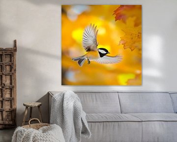 Flying bird in autumn leaves by Poster Art Shop