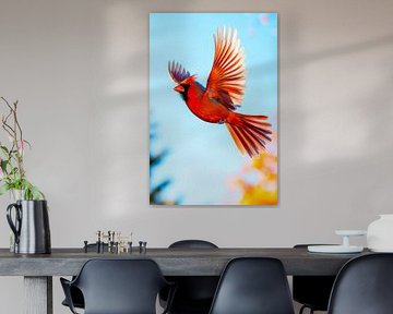 Flying red cardinal bird by Poster Art Shop