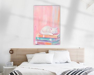 Slapende kat op boeken van Poster Art Shop