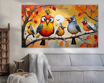 Speelse vogels in een herfstdecor
