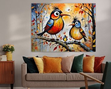 Kleurrijke vogelfamilie in een herfstachtig decor