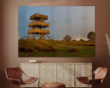 View tower Aekingerzand illuminated by rising sun with rain forest. by AdJ Fotografie
